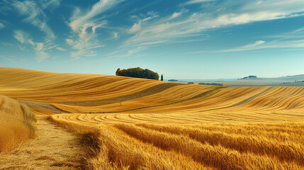Golden wheat field under a clear blue sky with gentle hills in the background on a sunny afternoon