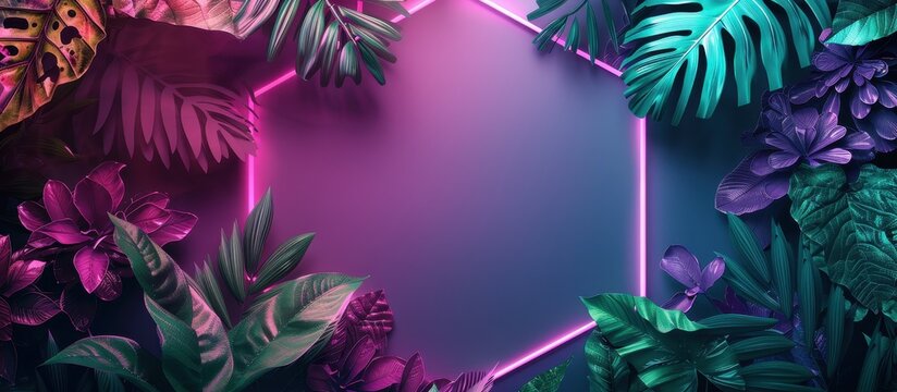 Vibrant Neon Hexagon Frame with Tropical Leaves Background - Futuristic and Exotic Design for Creative Projects