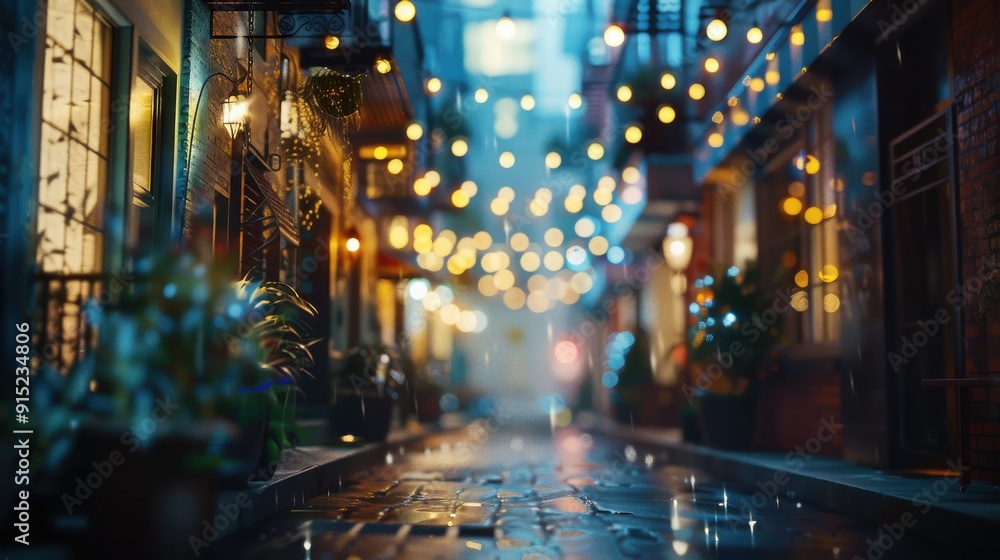 Poster A narrow city alleyway with brick buildings is illuminated by string lights. The ground is wet from a recent rain, and the lights reflect in the puddles. The alley is lined with plants and trees, and 