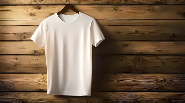 plain white t-shirt mockup template front view, hanging with wooden pattern background, 4k video, generated ai