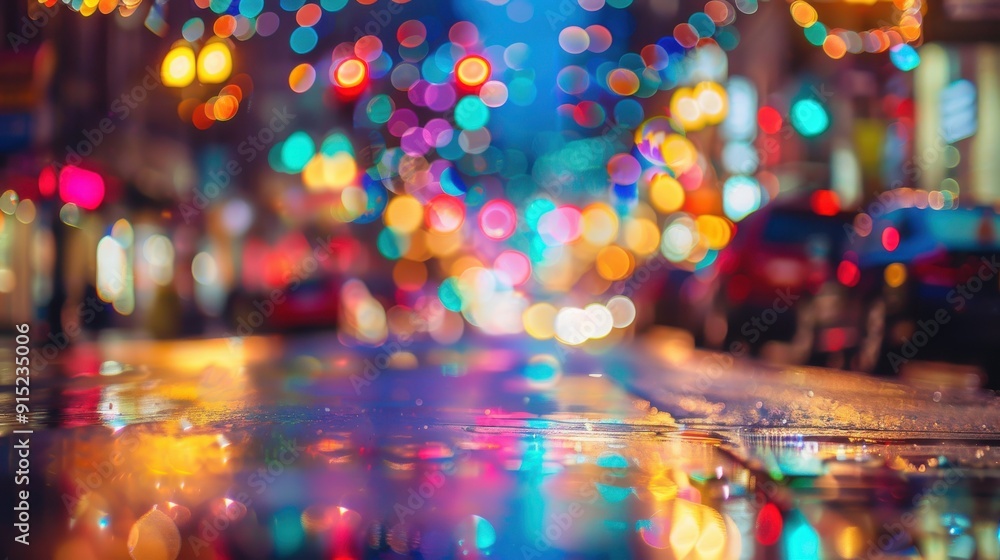 Poster a blurry, abstract view of a city street at night, with colorful lights reflecting in a puddle of ra