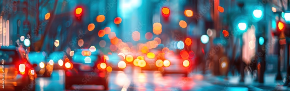 Poster a close-up, out-of-focus shot of a city street at night. the street lights and vehicle headlights ar