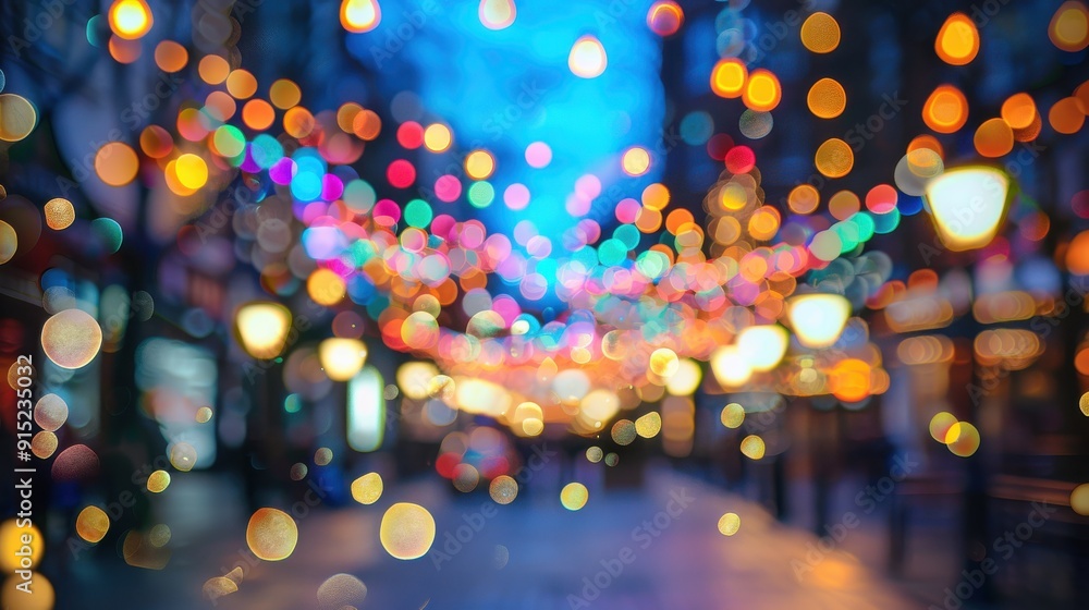 Aufkleber a street at night is illuminated by a dazzling array of colorful bokeh lights. the lights are strung