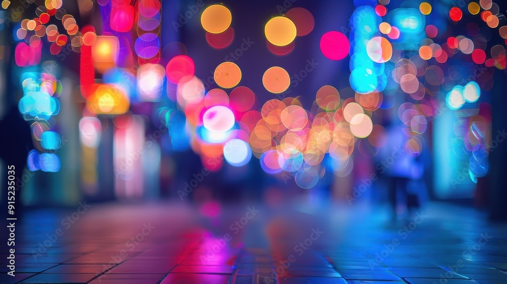Aufkleber a low angle shot of wet pavement reflecting the colorful lights of a city at night. out of focus, th