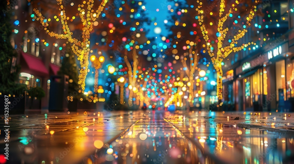 Poster a city street is illuminated by twinkling lights strung on trees lining the sidewalk. the wet paveme