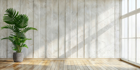 Sun shining through window illuminating empty room with plant