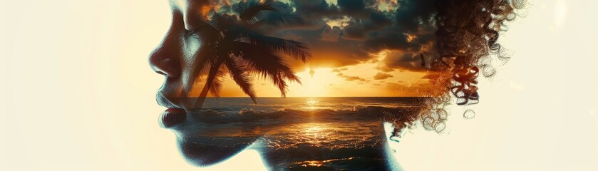 Double Exposure of a Woman's Silhouette with a Tropical Beach Sunset Scene, Blending Nature and Human Beauty