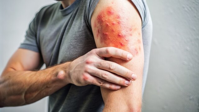 Close-up of red, itchy, and inflamed skin on a person's arm, with patches of eczema, rashes, and dry skin, requiring medical attention and treatment.