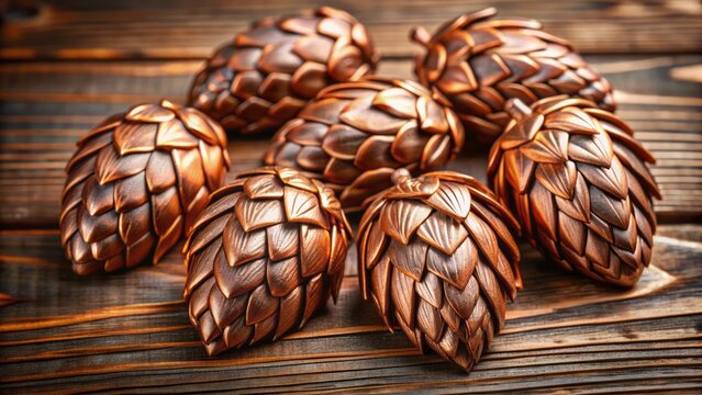 Close-up of ornately engraved copper hops cones on wooden background, showcasing intricate design and textures, perfect for brewery or craft beer-themed visual projects.
