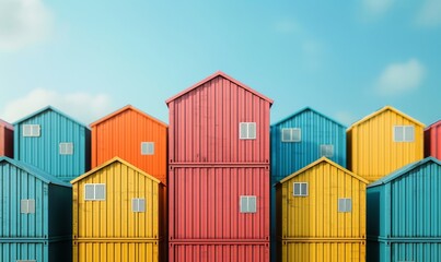 colorful shipping containers arranged in a row against a blue sky with clouds as a modern architecture concept.