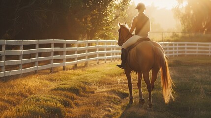 A sorrel horse with rider, Sport photography from rear view
