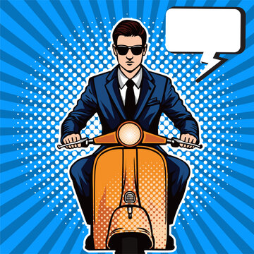 A man riding a motorbike in pop art style