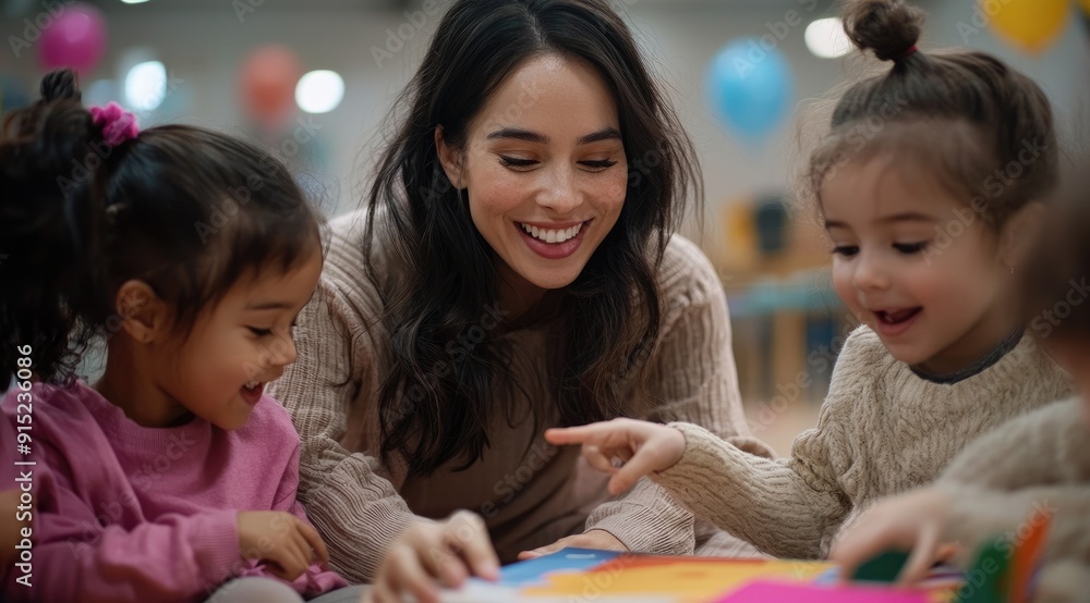 Wall mural smiling teacher engaging with diverse preschool children during playtime