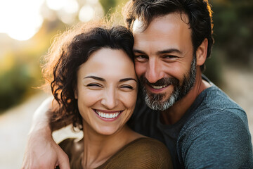 Fototapeta premium Romantic couple smiling and cuddling on a sunny day