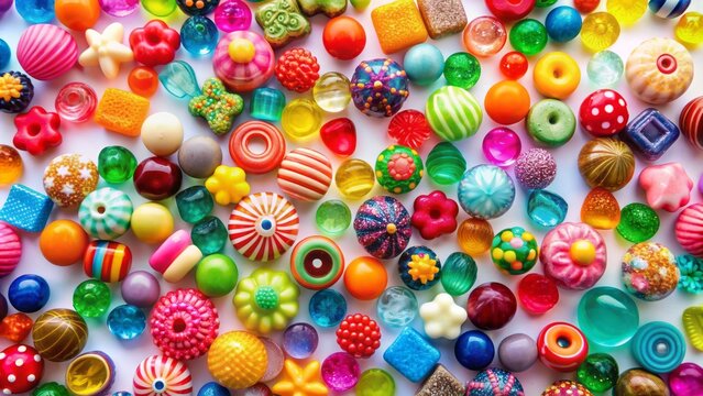 Colorful poly resin beads in various shapes and sizes scattered on a white background, showcasing diversity and creativity in art and craft projects.