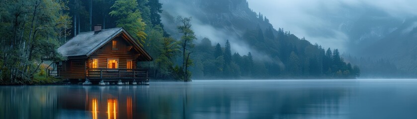 Fototapeta premium Cozy Wooden Cabin by a Misty Lake in a Serene Mountain Landscape at Dusk