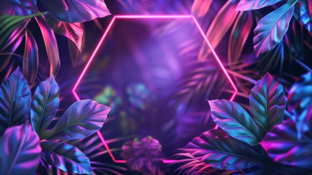 Neon Hexagon Frame with Tropical Leaves in Vibrant Purple and Pink Lighting