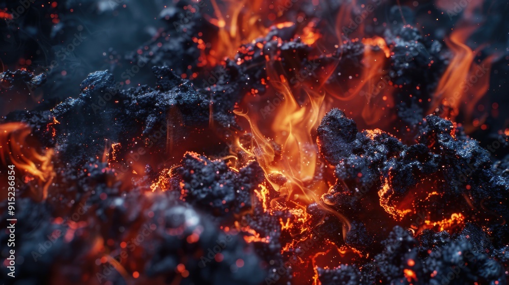 Poster a close-up shot of a burning fire with intense flames, suitable for use in images about heat, warmth