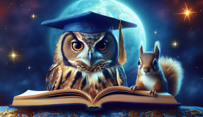 博士帽をかぶって本を読む博識なフクロウとリス　夜の星と月