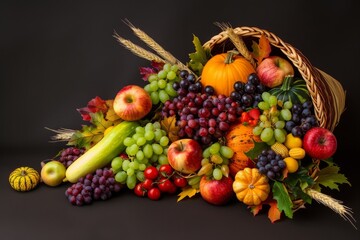 Fototapeta premium Vibrant cornucopia overflowing with fresh fruits and vegetables, symbolizing abundance and harvest against a dark background.