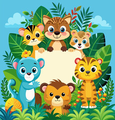 Fototapeta premium Adorable cartoon jungle animals surrounding a blank signboard, Perfect for children's materials.