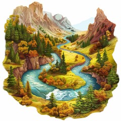 Fototapeta premium Scenic landscape with a winding river flowing through a vibrant forest and majestic mountains.