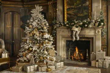 Fototapeta premium Luxurious Christmas Tree in an Elegant Room - Grand Holiday Decorations and Festive Opulence