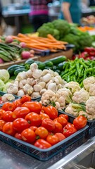 fresh organic vegetables displayed in baskets at farmers market stall - colorful produce - healthy eating - local food - grocery shopping