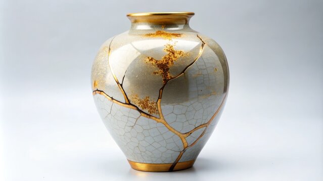 Delicately repaired antique ceramic vase with gold-infused cracks, symbolizing kintsukuroi, the Japanese art of preserving the beauty of imperfection.