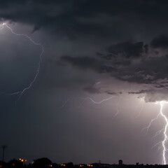 lightning strikes through the dark sky over a city at night