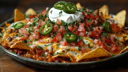 A plate of nachos with cheese and tomatoes