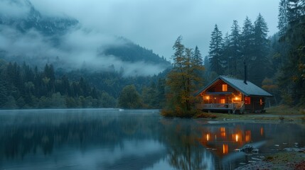 Fototapeta premium Cozy Wooden Cabin by a Misty Lake in a Serene Forest with Mountains in the Background at Dusk