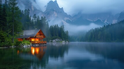 Fototapeta premium Cozy Wooden Cabin by a Misty Mountain Lake at Dawn with Pine Trees and Majestic Peaks in the Background