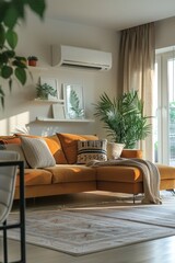 Fototapeta premium Cozy Modern Living Room with Orange Sofa, Indoor Plants, and Natural Light