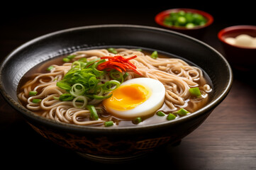 Bowl of ramen noodle soup with rich broth, thin noodles, and is garnished with a halved soft-boiled egg, vibrant green scallions, and thinly sliced red chili peppers, presented in a dark background.