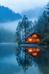Fototapeta premium Cozy Wooden Cabin by a Misty Lake in a Serene Forest with Mountains in the Background at Dusk