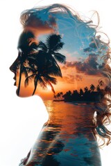 Double Exposure of Woman's Silhouette with Tropical Sunset and Palm Trees