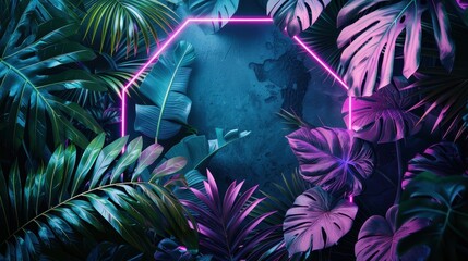 Neon Hexagon Frame Surrounded by Vibrant Tropical Leaves in a Dark Jungle Setting