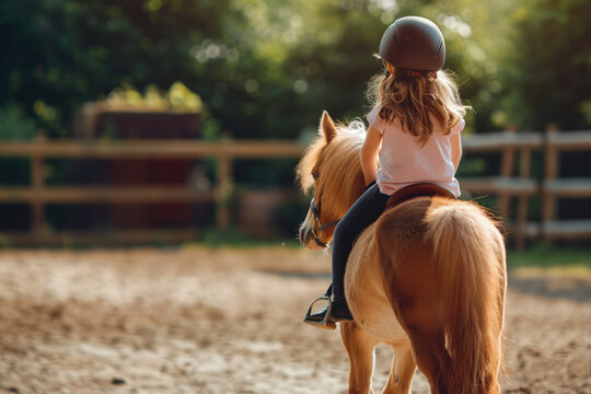 Young girl riding a pony in a sunny outdoor equestrian arena with trees in the background. Concepts of childhood, outdoor activities, and horse riding lessons.