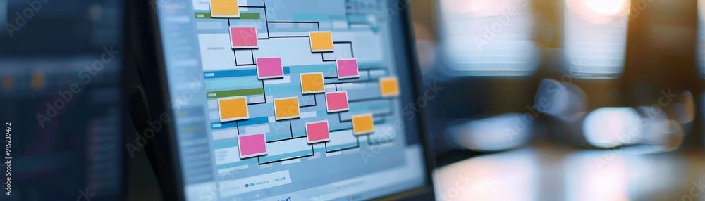 Poster computer screen displaying flowchart with colored nodes for business process, project management, or