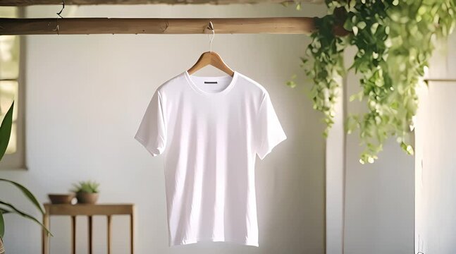 plain white t-shirt mockup template front view, hanging with wooden pattern background, 4k video, generated ai