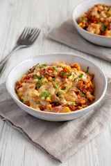 Homemade One-Pot Cheesy Taco Pasta in Bowls, side view.