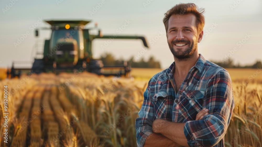 Poster A man is standing in a field with a tractor behind him