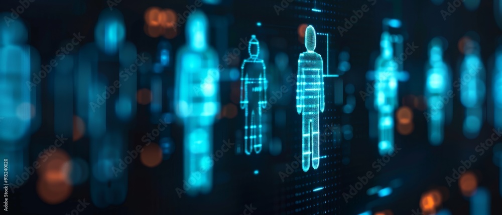Poster abstract digital human figures with data visualization and futuristic technology concept.