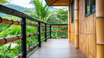 Wooden balcony with bamboo railing overlooking green foliage.