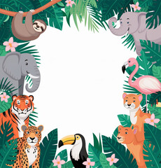 Fototapeta premium Adorable cartoon jungle animals surrounding a blank signboard, Perfect for children's materials.