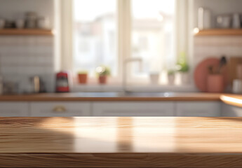 Empty tabletop over defocused kitchen with copy space