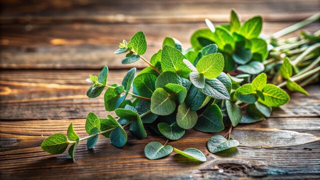 Fresh eucalyptus leaves and sprigs of mint rest on a rustic wooden table, surrounded by diffused natural light, evoking a sense of calming serenity and refreshment.