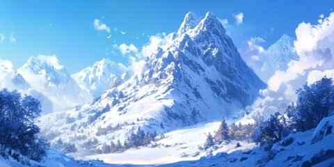 Snowy Peaks in a Winter Wonderland: Anime-Style Mountain Range Towering Above a Seasonal Enchanted Landscape,Abstract concepts, game concept art, storybook illustrations, comic strips, book illustrati