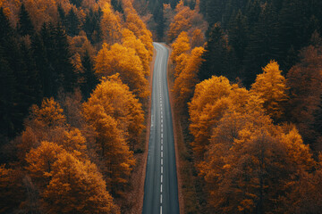 Landscape with road through the woods in fall. Autumn forest road way.